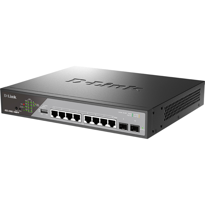 Коммутатор D-Link DSS-200G-10MPP смарт L2 для видеонаблюдения, 8 портов PoE 802.3bt, 2 SFP, 242 Вт, фото 3