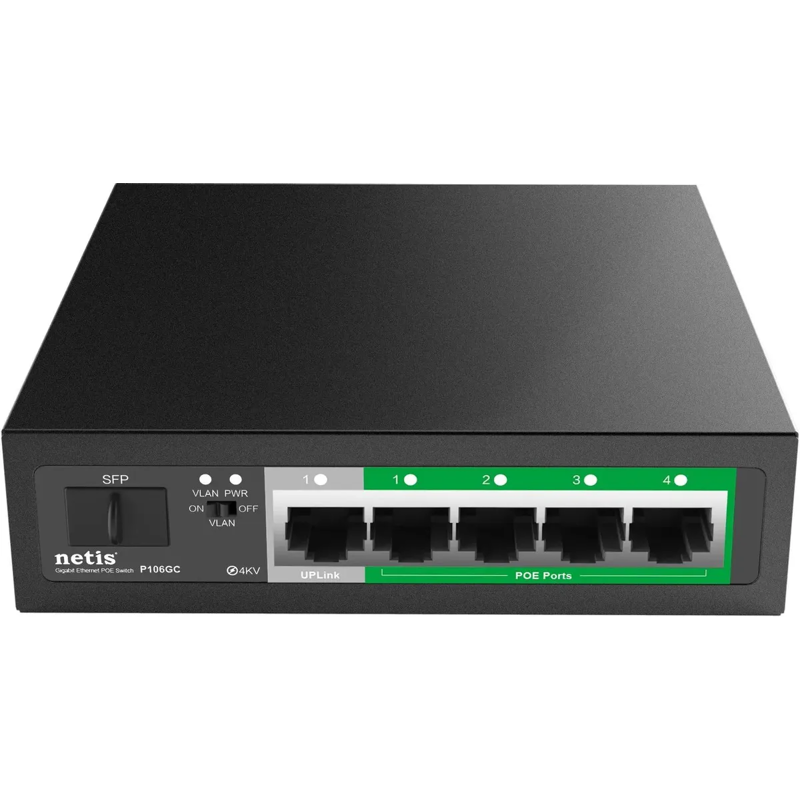 PoE-коммутатор Netis P106GC неуправляемый, 5 портов 1 Гбит/с, 1 SFP, 4 порта PoE, 60 Вт, фото 3