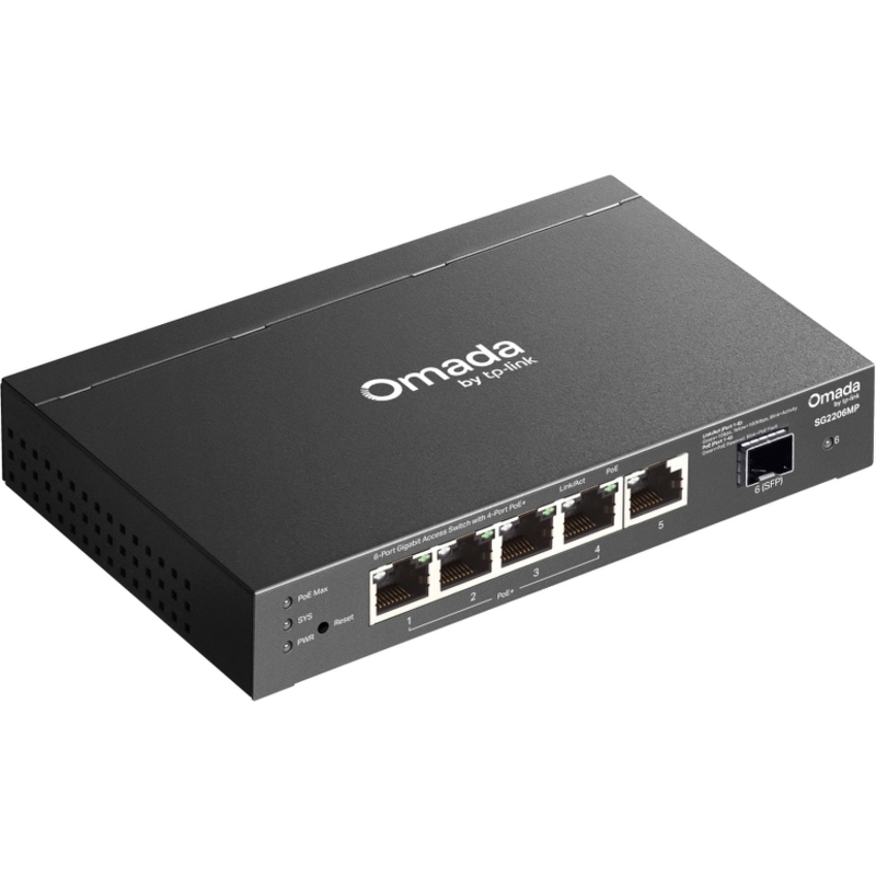 Коммутатор TP-Link Omada SG2206MP управляемый, 6 портов: 5 RJ-45 1 Гбит/с, 4 из них PoE+, 1 SFP, бюджет 63 Вт, фото 4