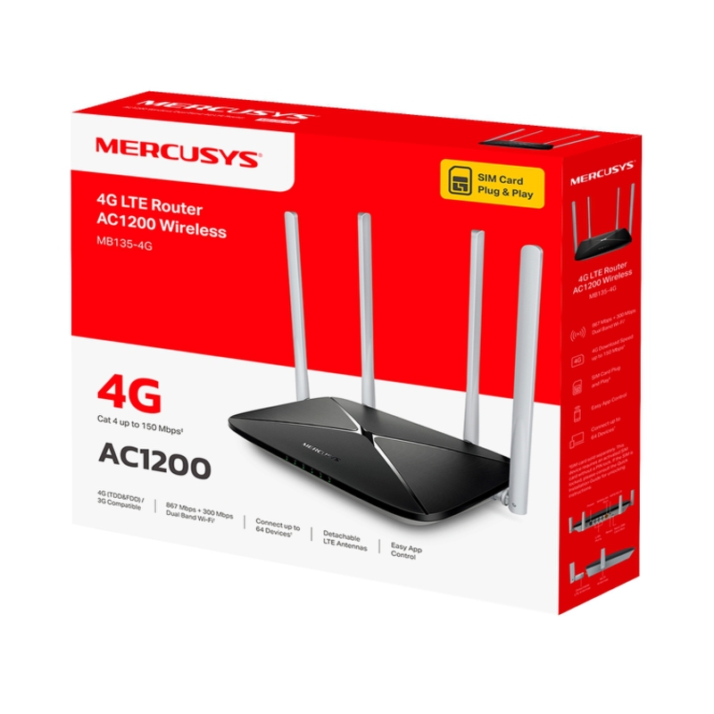4G-роутер Mercusys MB135-4G с модемом LTE до 150 Мбит/с, Wi-Fi 5 AC1200, 3 порта LAN, фото 4