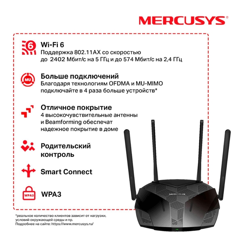 Wi-Fi роутер Mercusys AX3000 Dual-Band Wi-Fi 6 Router, 3 порта LAN, MR80X, фото 4