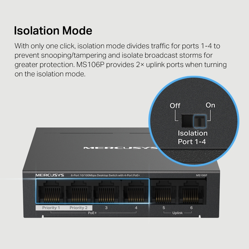 PoE-коммутатор Mercusys MS106P неуправляемый, 6 портов 100 Мбит/с, 4 порта PoE+, 67 Вт, фото 7