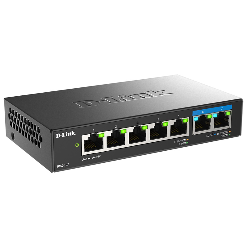 Коммутатор D-Link DMS-107 неуправляемый, 5 портов 1 Гбит/с, 2 порта 2,5 Гбит/с, без вентилятора, фото 3