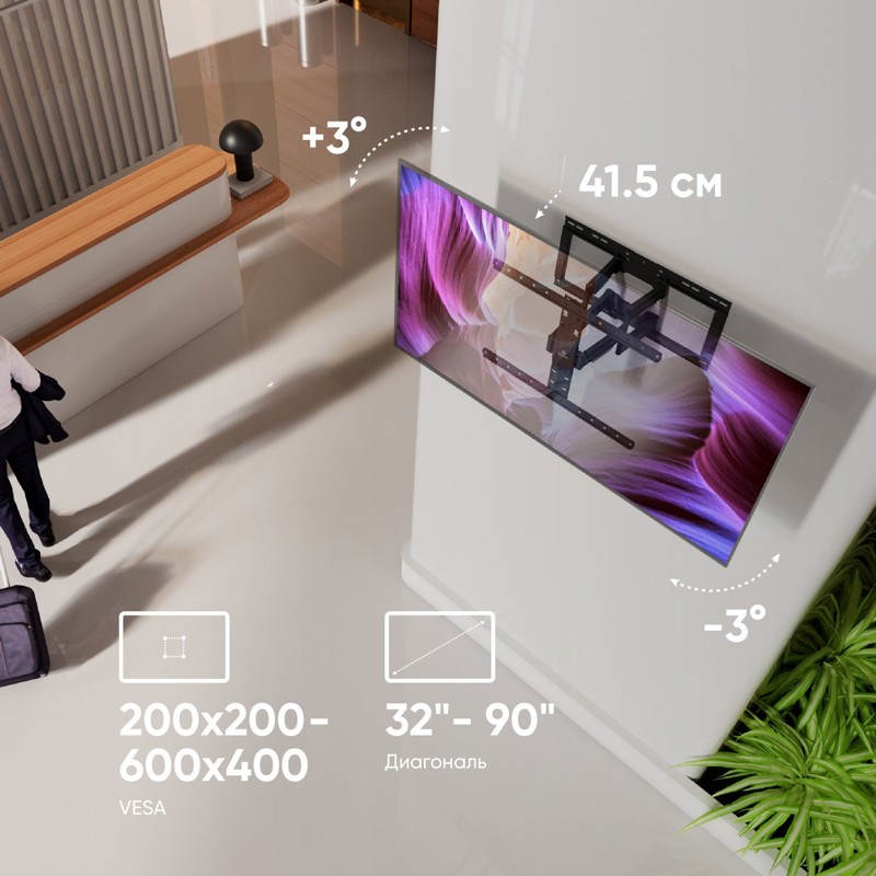 Кронштейн ONKRON 32-90" макс 400*600 наклон -5°/+10°, поворот ±45°, Горизонтальная регулировка: +-3°, Макс нагрузка 50кг, от стены 34-415мм, съемный уровень, черный (ONKRON SM6L BLACK), фото 5
