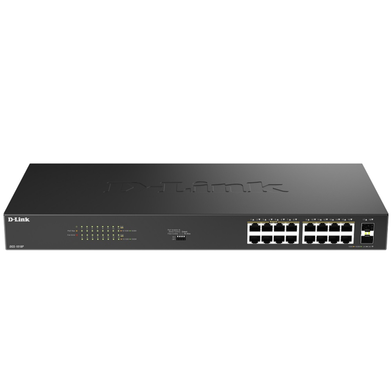 Коммутатор D-Link DGS-1018P, 16 портов PoE 1 Гбит/с, 2 SFP, 240 Вт, DIP-переключатель, фото 2