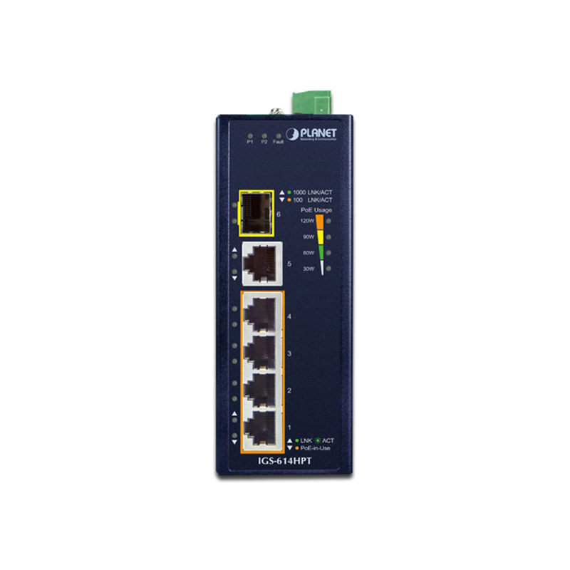 Коммутатор Planet IGS-614HPT промышленный неуправляемый, 4 порта PoE+ 1 Гбит/с, 1 SFP, IP40, фото 2