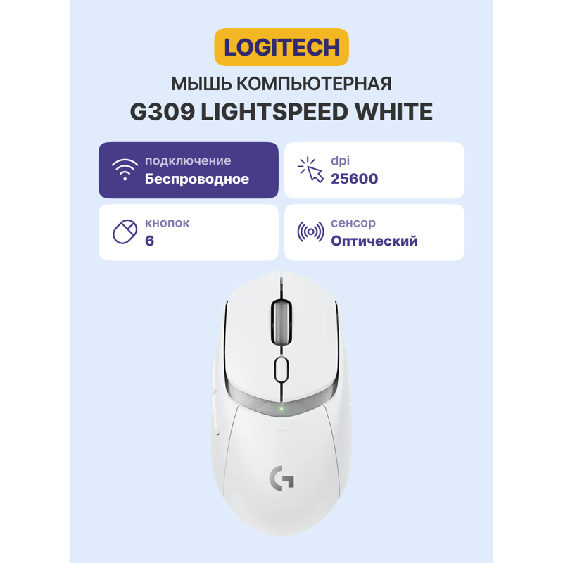 Мышь Logitech G309 Lightspeed, Bluetooth, радиоканал, 25600 dpi, белый, фото 2
