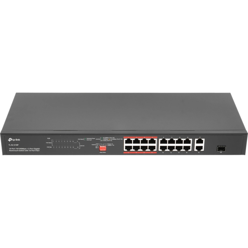 Коммутатор TP-Link TL-SL1218P неуправляемый, 16 портов PoE+ 100 Мбит/с, 2 гигабитных аплинка, 150 Вт, фото 2