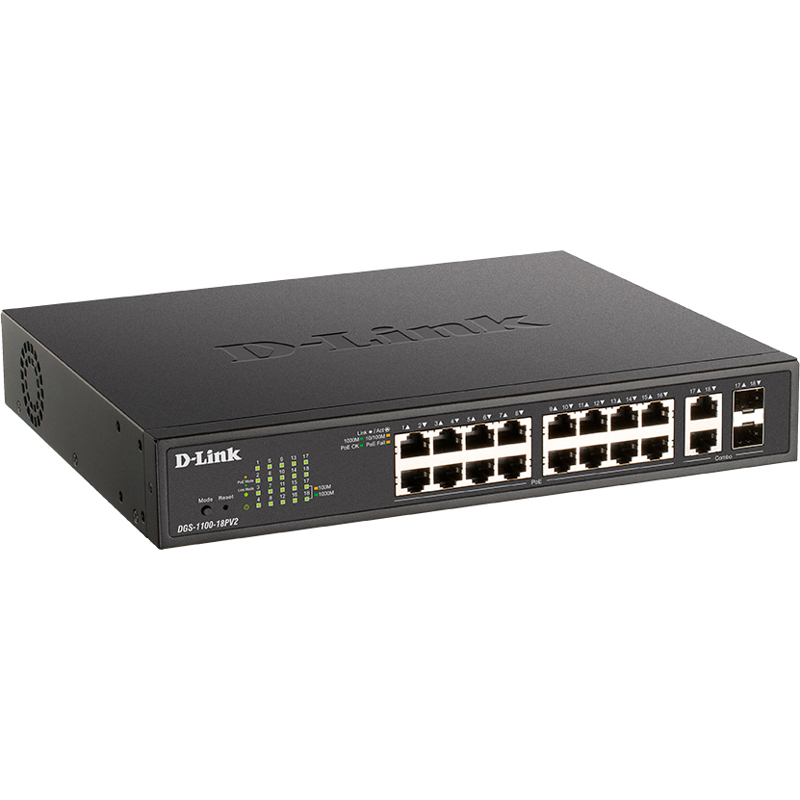 Коммутатор D-Link DGS-1100-18PV2 смарт L2, 16 портов PoE 1 Гбит/с, 2 комбо SFP, 130 Вт, фото 2
