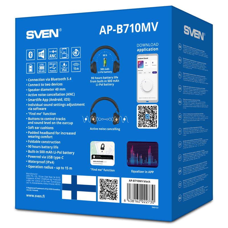 Наушники Sven AP-B710MV, Bluetooth 5.4, USB Type-C, полноразмерные, чёрный, крепление оголовье, фото 8