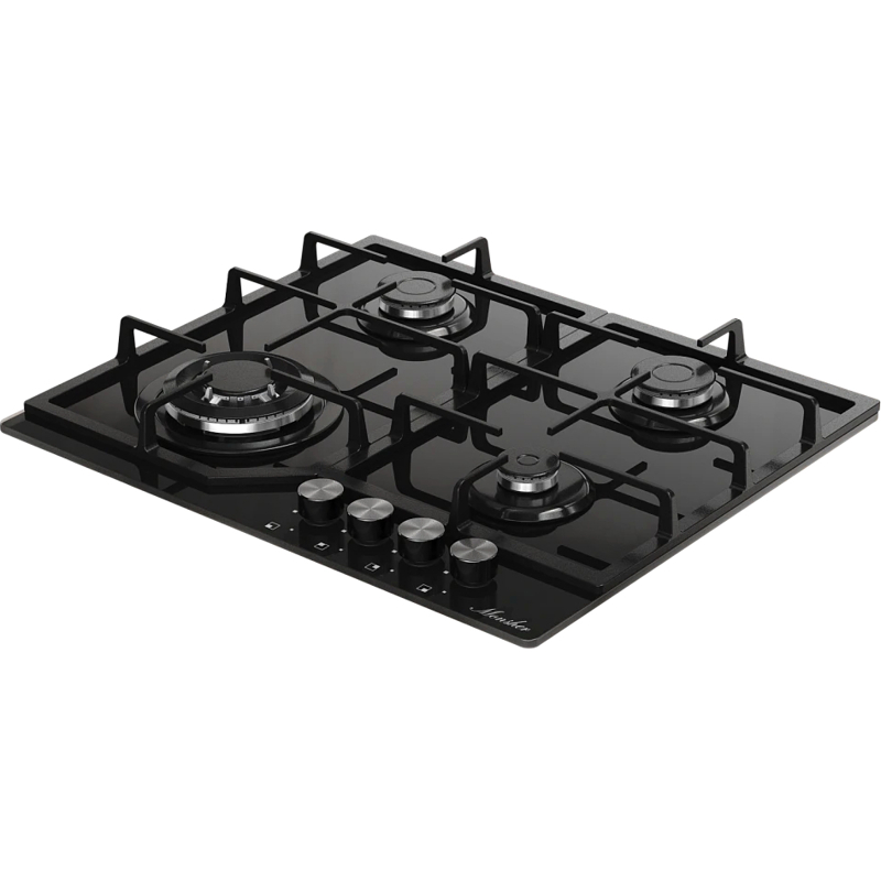 Варочная панель Monsher MGG 63 Noir, газовая, 59 см, 4 конфорки с WOK, газ-контроль, чёрная, фото 2