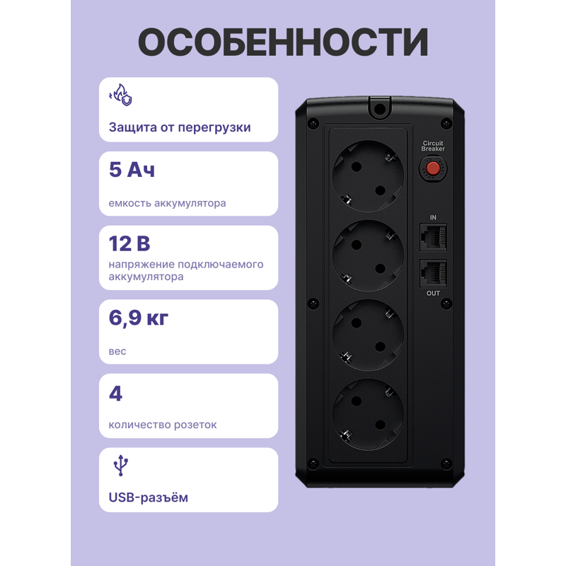 ИБП Cyberpower UT1100EG, 1050 ВА, 630 Вт, Line-Interactive, 4 розетки, Schuko, фото 3