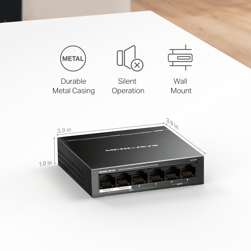 PoE-коммутатор Mercusys MS106P неуправляемый, 6 портов 100 Мбит/с, 4 порта PoE+, 67 Вт, фото 10
