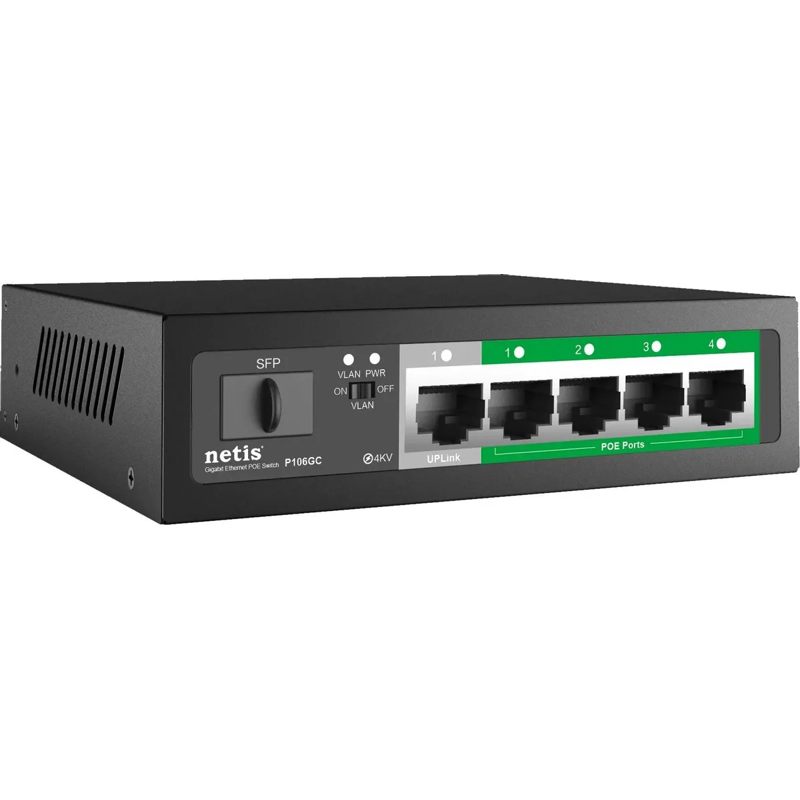 PoE-коммутатор Netis P106GC неуправляемый, 5 портов 1 Гбит/с, 1 SFP, 4 порта PoE, 60 Вт, фото 2