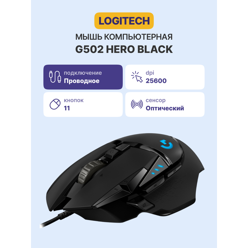 Мышь Logitech G502 HERO High Performance, проводное подключение, USB-A, 25600 dpi, чёрный, подсветка, фото 2