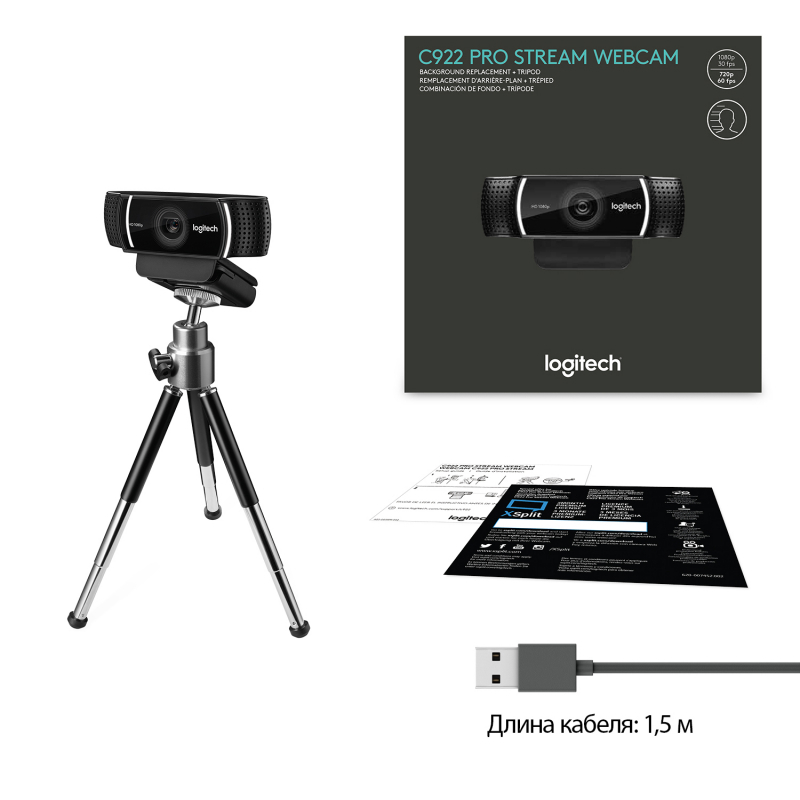 Веб-камера Logitech C922 Pro Stream Webcam, 1920х1080, 30 к/с, фокус автоматический, угол обзора 78 °, фото 6