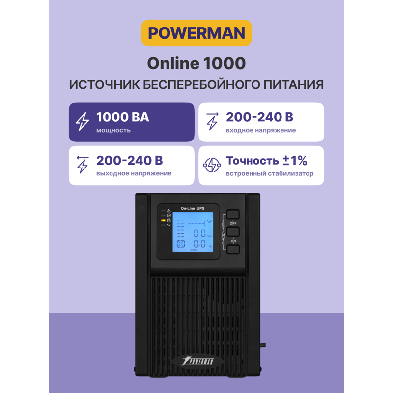 ИБП Powerman Online 1000, 900 Вт, 2 розетки, Schuko, IEC C14, батарея 4 мин, фото 2