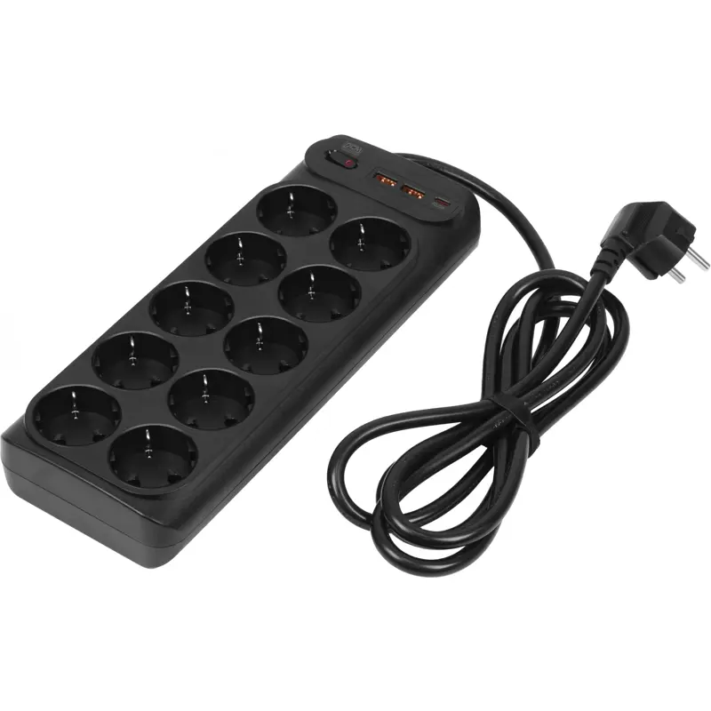 Сетевой фильтр-удлинитель PowerCom SP-10 USB2A1CB, 10 розеток, USB-C и 2 USB-A, шнур 3 м, 4000 Вт, фото 3