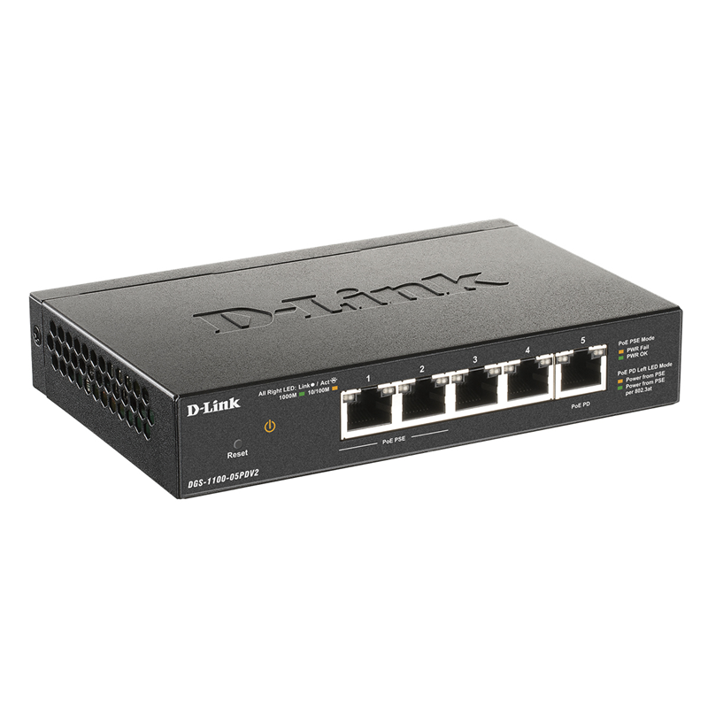 Коммутатор D-Link DGS-1100-05PDV2 смарт L2, 5 портов 1 Гбит/с, питание по PoE, 2 порта PoE, фото 2