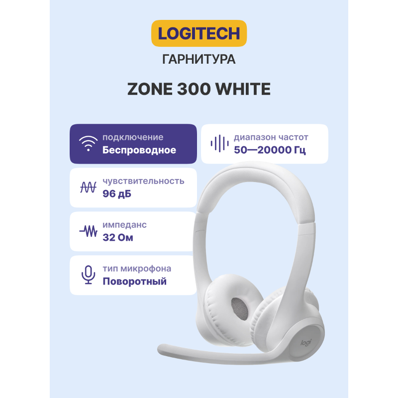 Гарнитура Logitech Zone 300, Bluetooth 5.3, накладные, белый, микрофон поворотный, для офиса, фото 2