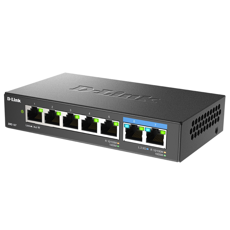Коммутатор D-Link DMS-107 неуправляемый, 5 портов 1 Гбит/с, 2 порта 2,5 Гбит/с, без вентилятора, фото 2