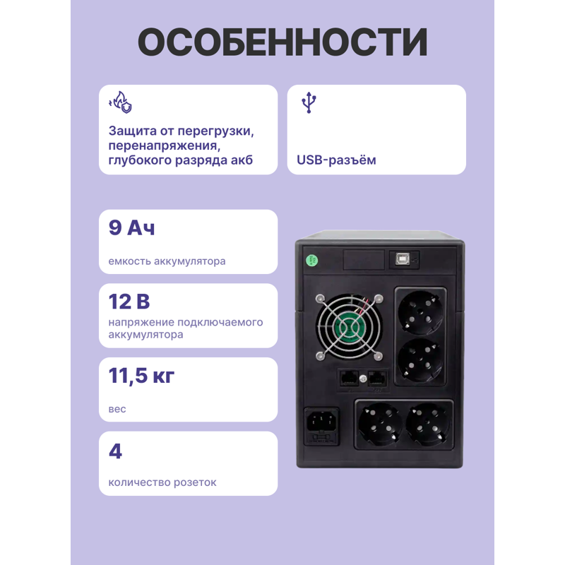 ИБП Powerman Smart Sine 1500, 1050 Вт, Line-Interactive, 4 розетки, Schuko, фото 3