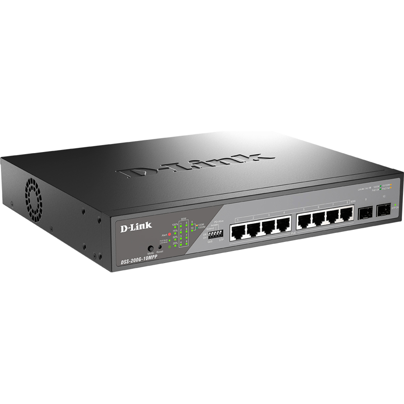 Коммутатор D-Link DSS-200G-10MPP смарт L2 для видеонаблюдения, 8 портов PoE 802.3bt, 2 SFP, 242 Вт, фото 2