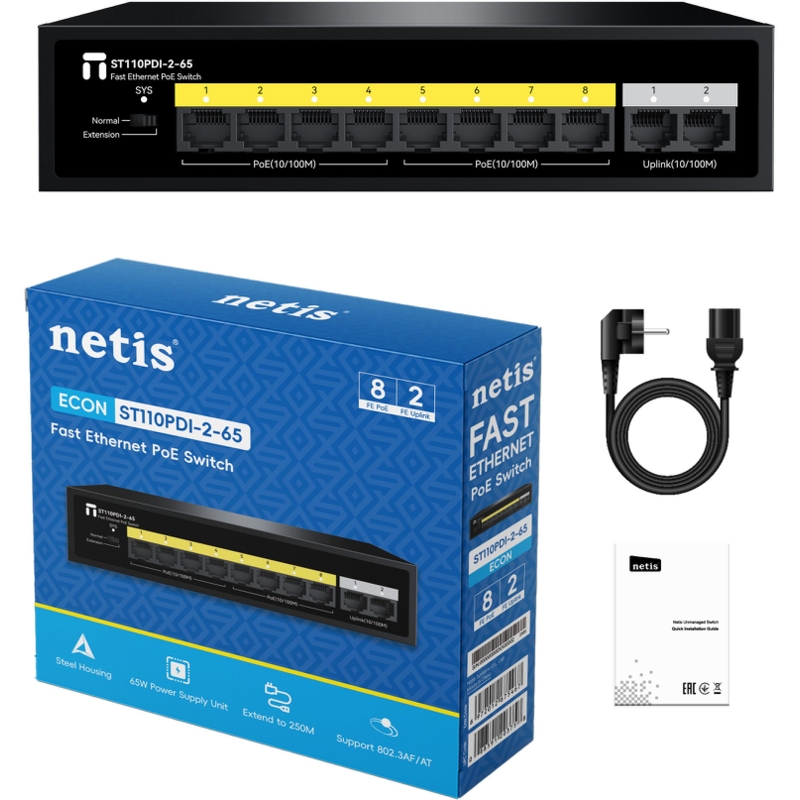 PoE-коммутатор Netis ST110PDI-2-65 неуправляемый, 8 портов PoE+ 100 Мбит/с, 2 аплинка, БП 65 Вт, фото 9