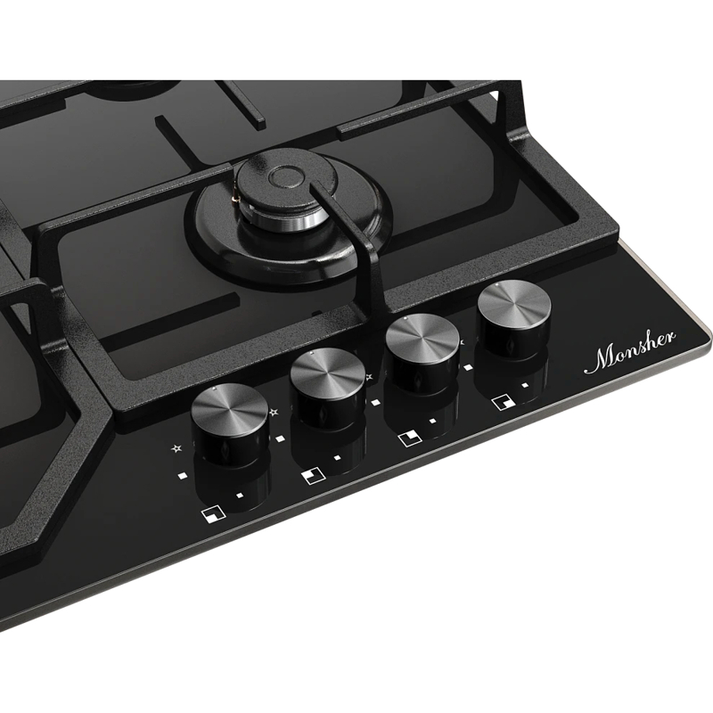 Варочная панель Monsher MGG 63 Noir, газовая, 59 см, 4 конфорки с WOK, газ-контроль, чёрная, фото 3