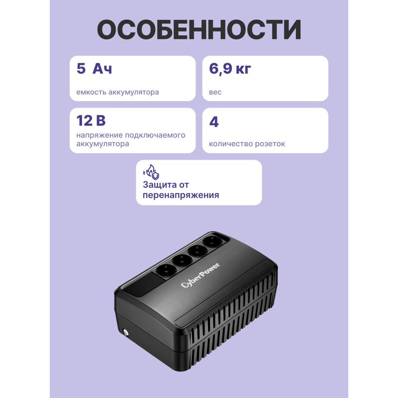 ИБП Cyberpower BU1000E, 1000 ВА, 600 Вт, Line-Interactive, 4 розетки, Schuko, фото 3