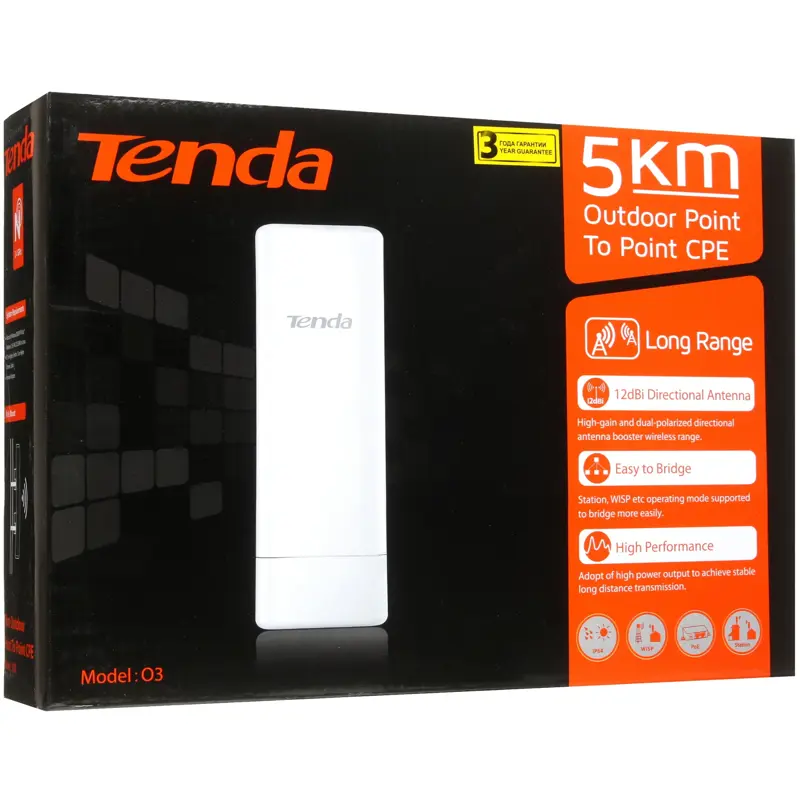 Наружная точка доступа Tenda O3, 2,4 ГГц, 150 Мбит/с, антенна 12 дБи, IP65, PoE, фото 7