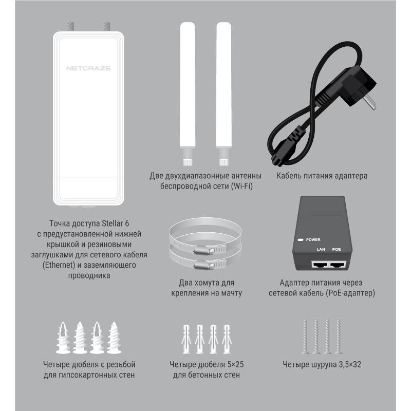 Точка доступа Netcraze Stellar 6 Wi-Fi 6, для улицы и помещений, порт 1 Гбит/с, PoE+, фото 4