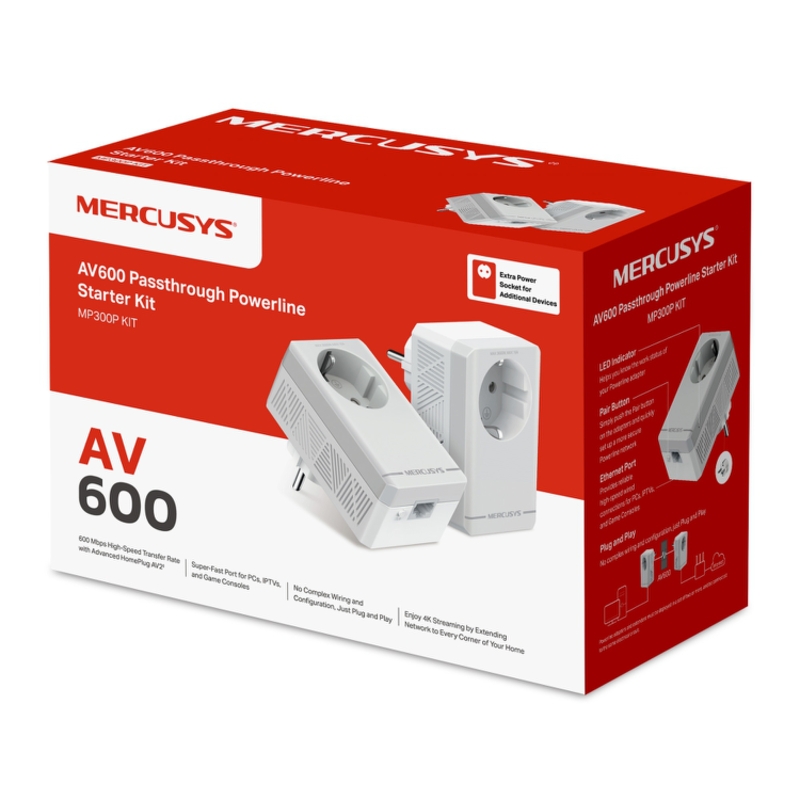 Комплект Powerline-адаптеров Mercusys MP300P KIT AV600 с розеткой, 2 адаптера, 100 Мбит/с, фото 3