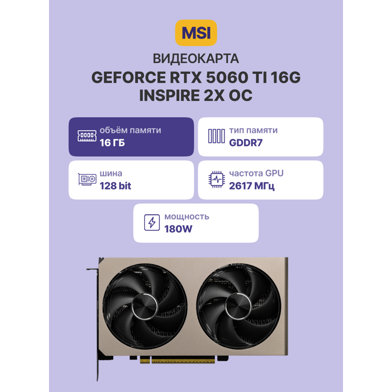 Видеокарта MSI GeForce RTX 5060 Ti 16G INSPIRE 2X OC, NVIDIA GeForce RTX 5060 Ti, GDDR7, фото 2