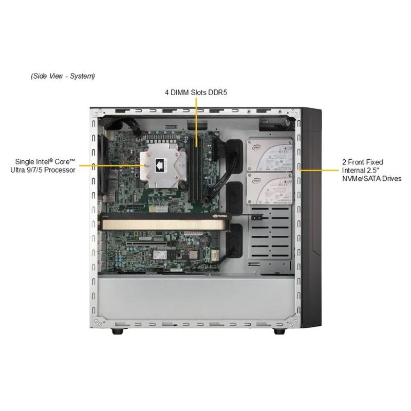 Серверная платформа Supermicro SuperWorkstation Server Mid-Tower, 1x LGA-1851, Intel® W880, 4x DDR5 Up to 192GB, 2x fixed 3.5" (SuperMicro SYS-532AW-C), фото 5