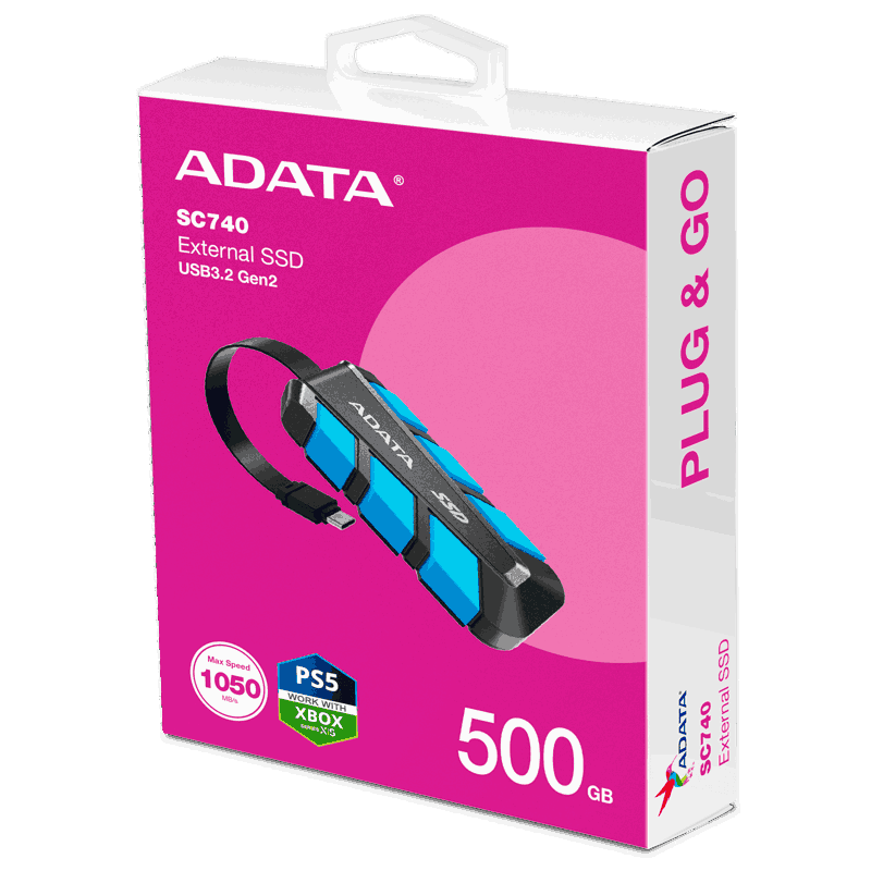 Внешний SSD ADATA SC740, 500GB, Type-C, USB 3.2 Gen2, R/W 1050/1000 MB/s, 121.8x40.5x22.3mm, Blue (ADATA SC740-500G-CBU), фото 6