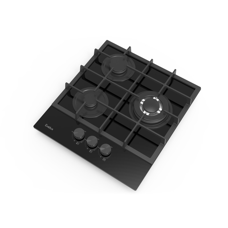 Варочная панель Evelux HEG 425 BG, газовая, 45 см, 3 конфорки, Wok-конфорка, газ-контроль, чёрная, фото 3