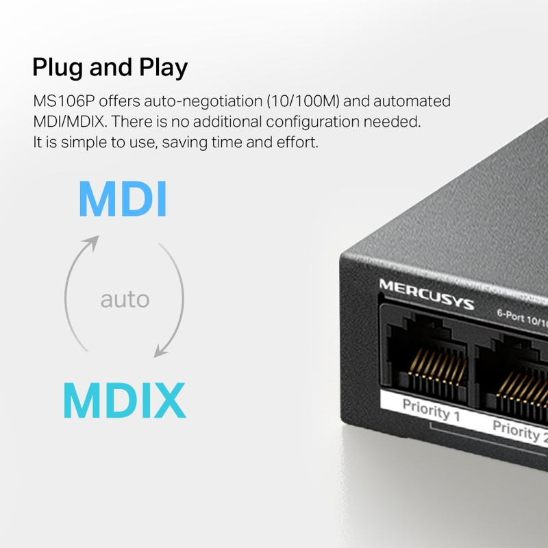 PoE-коммутатор Mercusys MS106P неуправляемый, 6 портов 100 Мбит/с, 4 порта PoE+, 67 Вт, фото 9