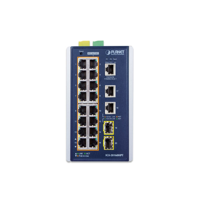 Коммутатор Planet IGS-20160HPT промышленный L2+, 16 портов PoE+ 1 Гбит/с, 2 SFP, 320 Вт, фото 2