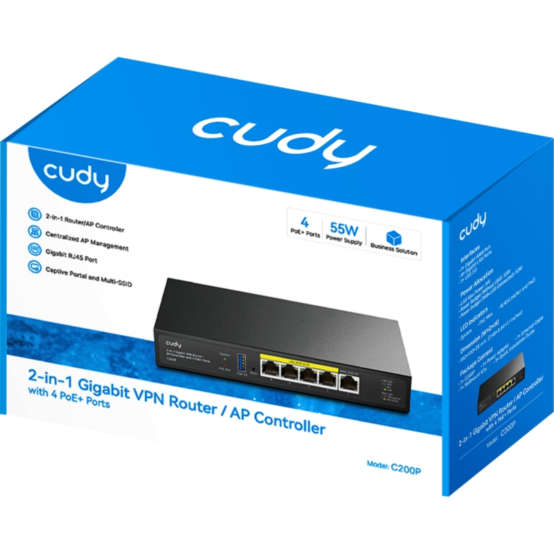 Маршрутизатор Cudy C200P VPN с контроллером точек доступа, 4 порта PoE+, 55 Вт, фото 3