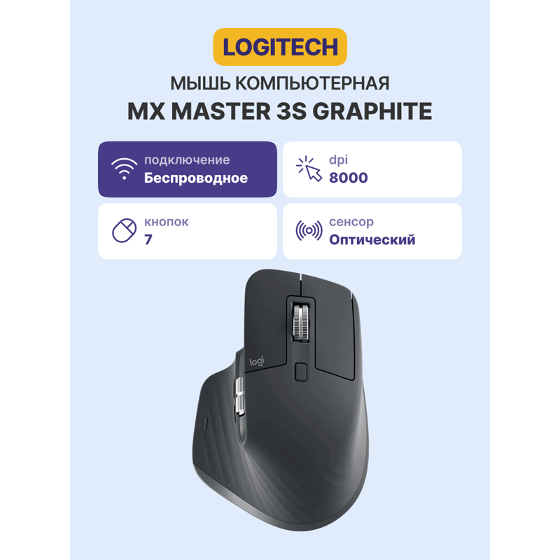 Мышь Logitech MX Master 3S GRAPHITE, Bluetooth, 8000 dpi, графит, фото 2