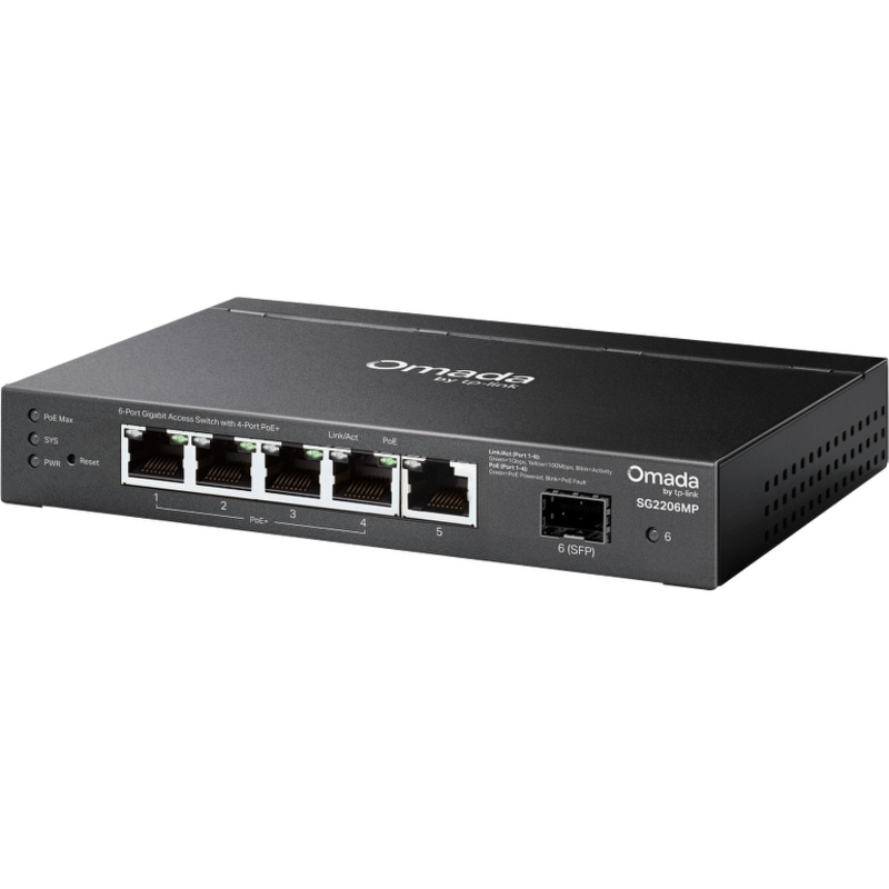 Коммутатор TP-Link Omada SG2206MP управляемый, 6 портов: 5 RJ-45 1 Гбит/с, 4 из них PoE+, 1 SFP, бюджет 63 Вт, фото 3
