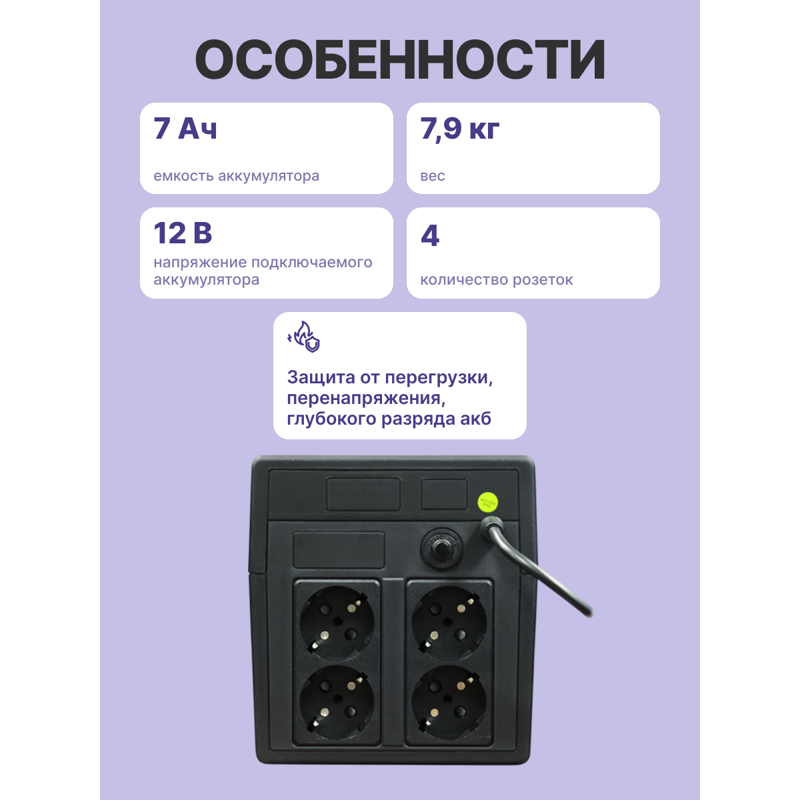 ИБП Powerman Back Pro 1050, 600 Вт, 4 розетки, Schuko, батарея 3 мин, фото 3