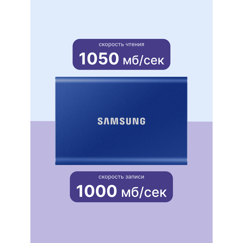 Внешний накопитель Samsung T7, SSD 2 ТБ, USB 3.2 Gen 2 Type-C, чтение 1050 МБ/с, запись 1000 МБ/с, синий, фото 3