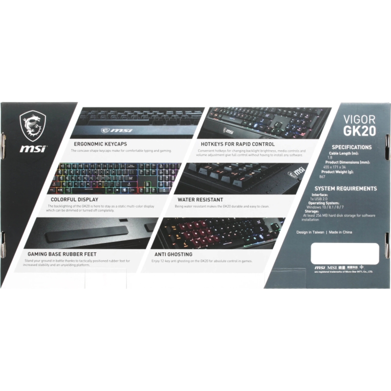 Клавиатура MSI VIGOR GK20 RU, проводное подключение, USB-A, мембранные, чёрный, подсветка, фото 17