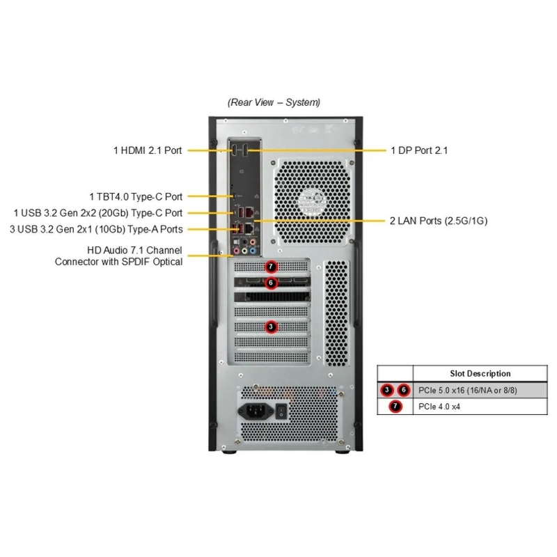 Серверная платформа Supermicro SuperWorkstation Server Mid-Tower, 1x LGA-1851, Intel® W880, 4x DDR5 Up to 192GB, 2x fixed 3.5" (SuperMicro SYS-532AW-C), фото 4