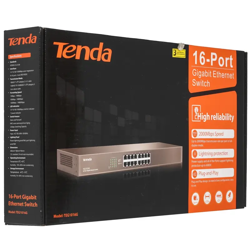 Коммутатор Tenda TEG1016G неуправляемый, 16 портов 1 Гбит/с, для стойки, фото 8