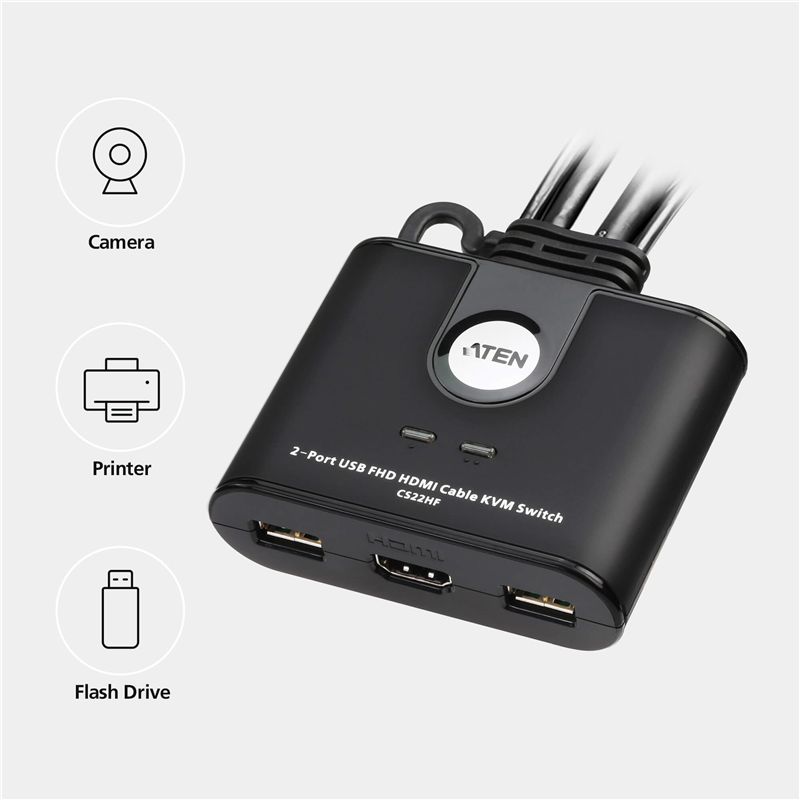 KVM-переключатель Aten CS22HF на 2 ПК, HDMI, USB, Full HD, со встроенными кабелями, фото 3