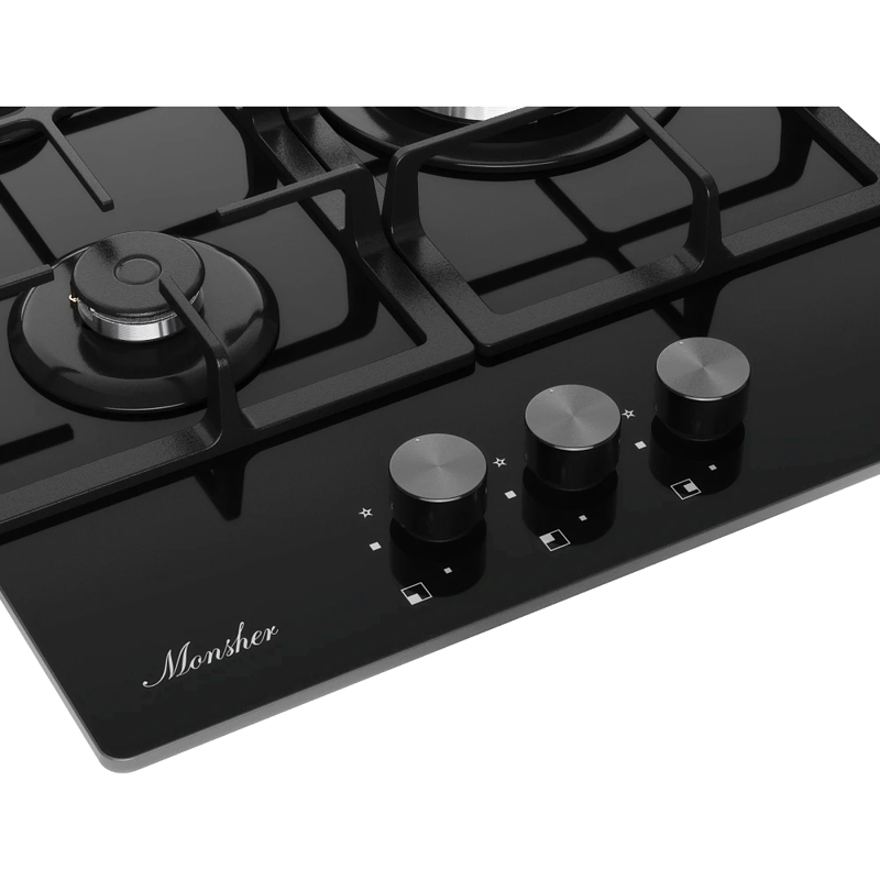 Варочная панель Monsher MGG 43 Noir, газовая, 45 см, 3 конфорки с WOK, газ-контроль, чёрная, фото 3