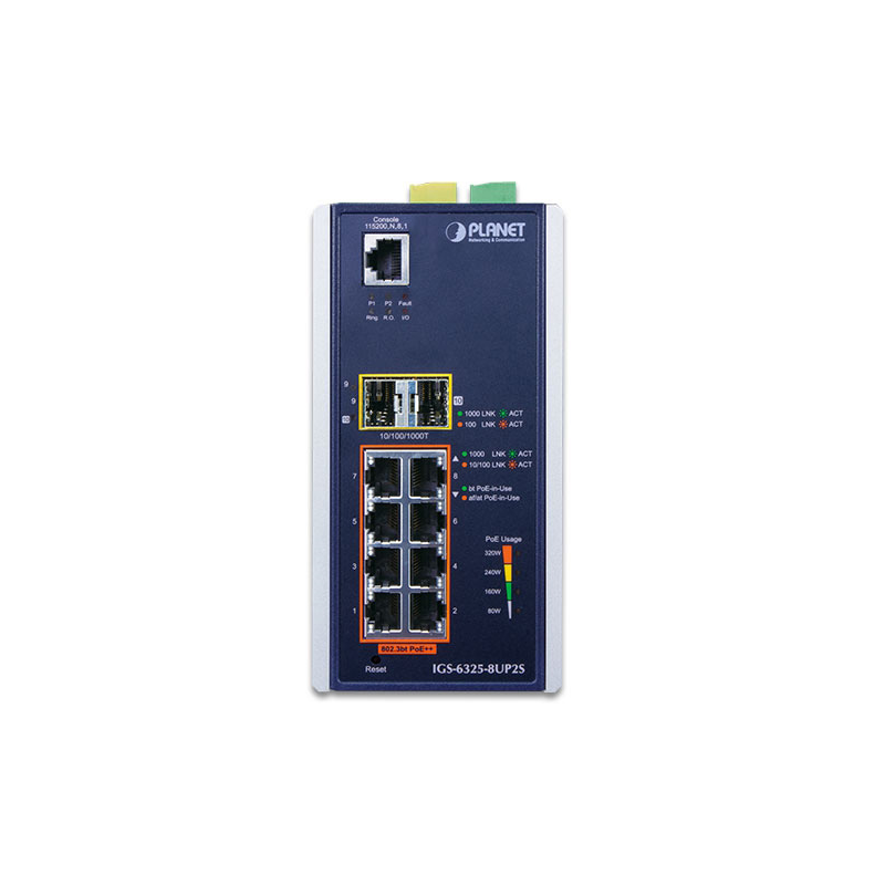 Коммутатор Planet IGS-6325-8UP2S промышленный L3, 8 портов PoE++ 1 Гбит/с, 2 SFP, DIN-рейка, фото 2